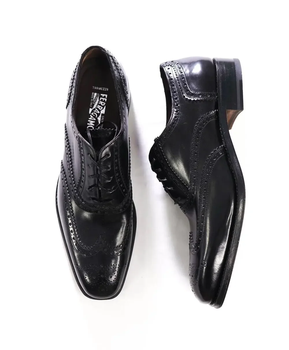 $1,590 FERRAGAMO TRAMEZZA - Black Wingtip Oxfords - 9 EE